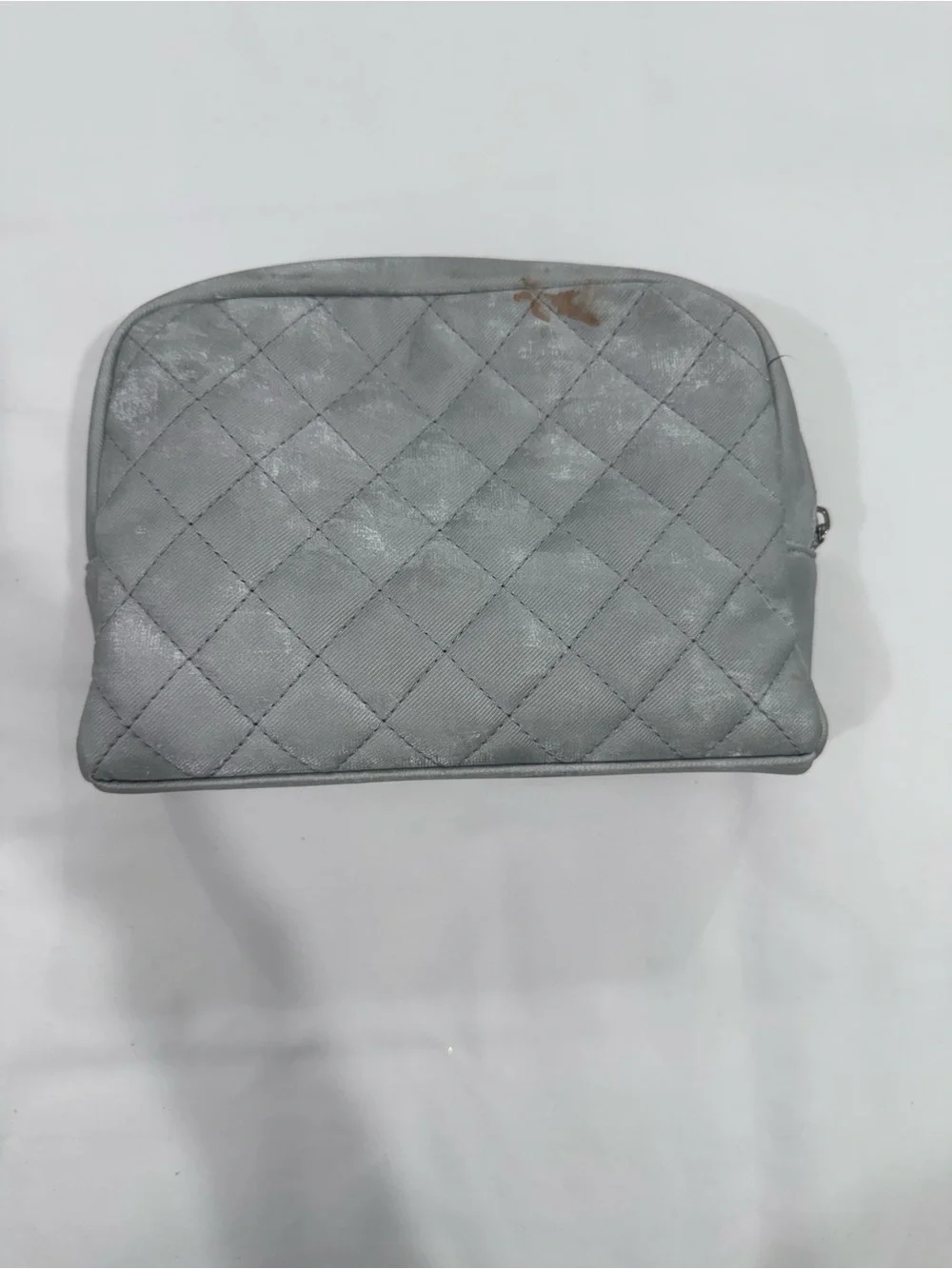 Elegant Quilted Gray Cosmetic Pouch with Crystal Accent